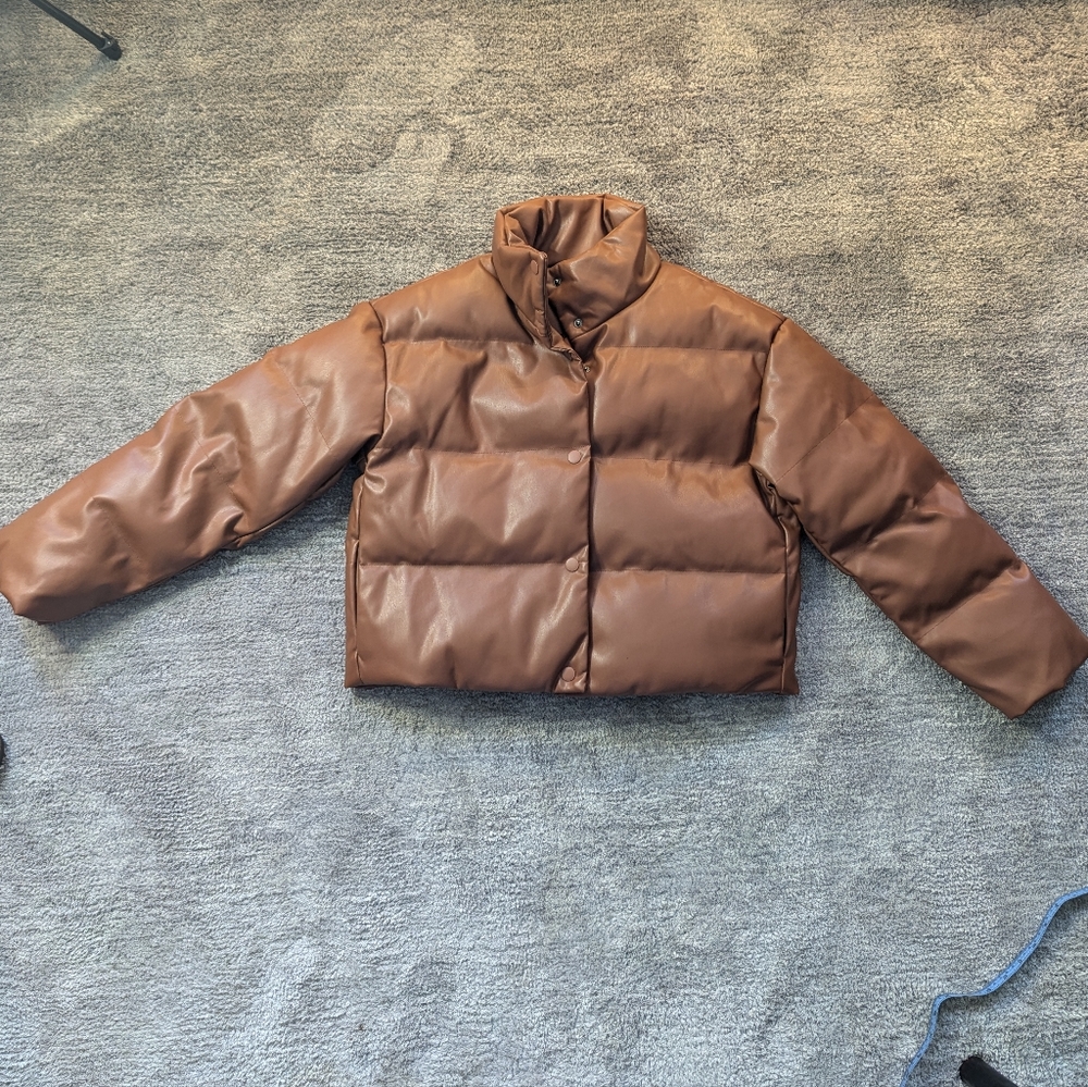 Faux Brown Leather Cropped Puffer Coat, Size Small